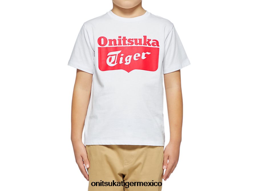 onitsuka_tiger_ropa_4p8d6n660_blanco_rojo_ninos_camiseta_con_logo.jpg Onitsuka Tiger ropa 4P8D6N660 blanco rojo niños camiseta con logo - Image 1